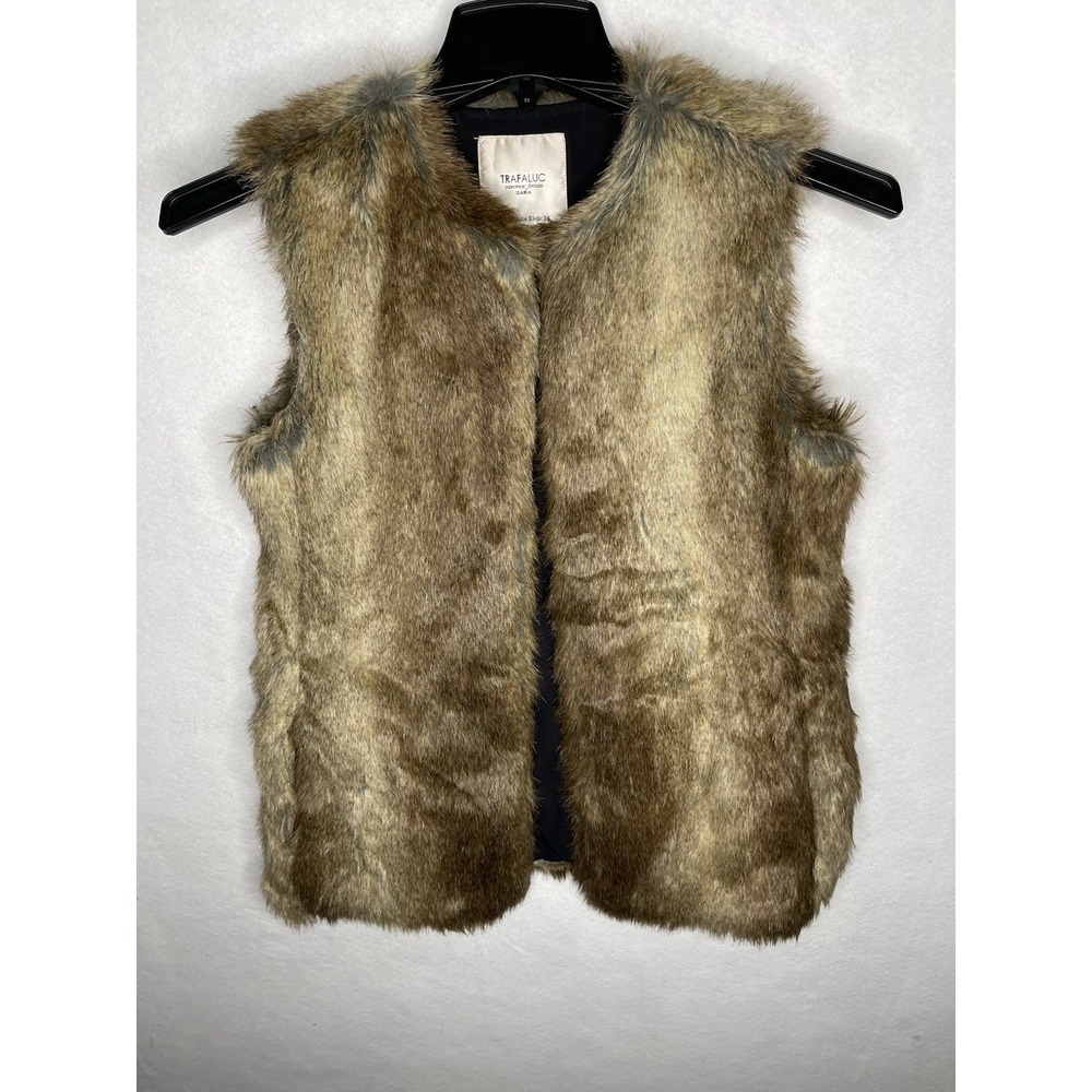 zara trafaluc faux fur‎ coat with pockets small tan and brown furry glam